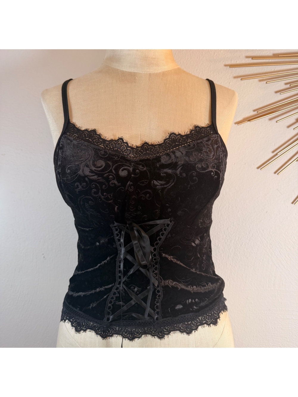 Romwe black velour velvet corset tank whimsigoth romantic dark fairy witchy M